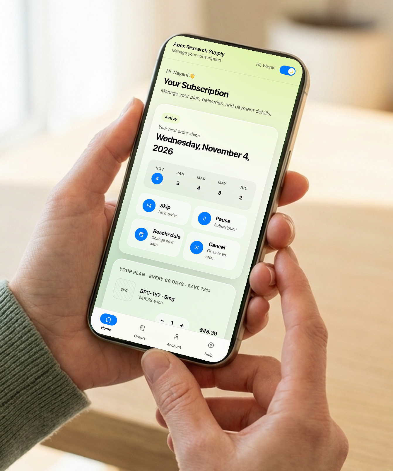 The Recurify customer portal on an iPhone — next order, calendar, and one-tap skip, pause, reschedule, and cancel
