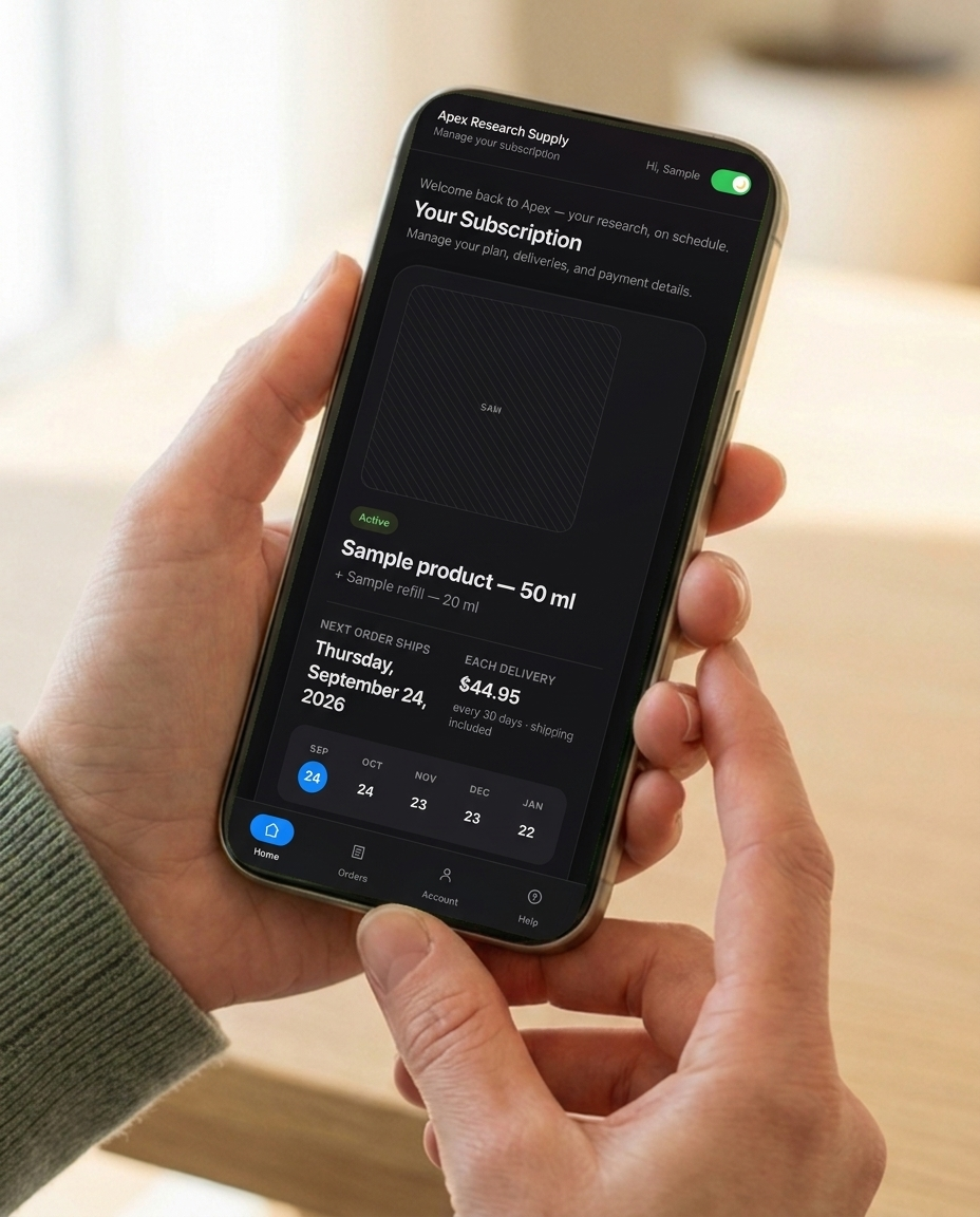 The Recurify customer portal on an iPhone — next order, calendar, and one-tap skip, pause, reschedule, and cancel